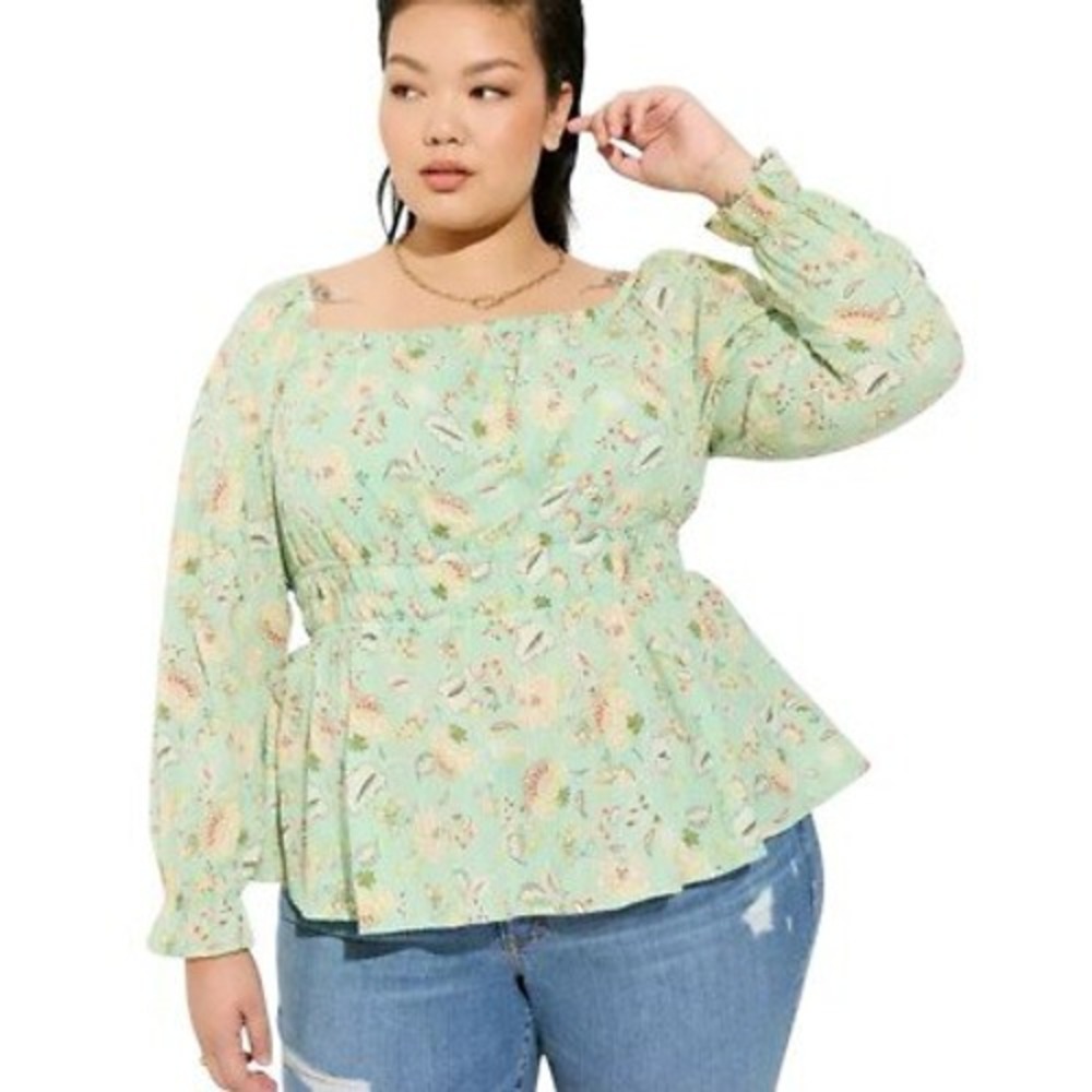 Torrid‎ Green Yellow Floral Paisley Smocked Blouse Women 2 2x Cottagecore Spring